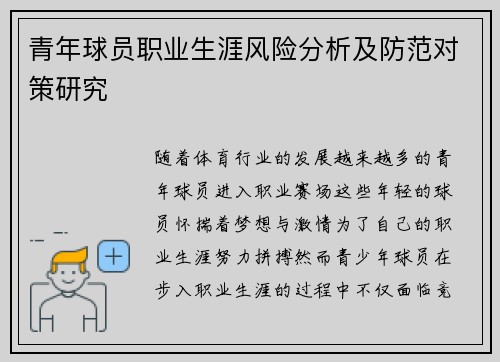 青年球员职业生涯风险分析及防范对策研究