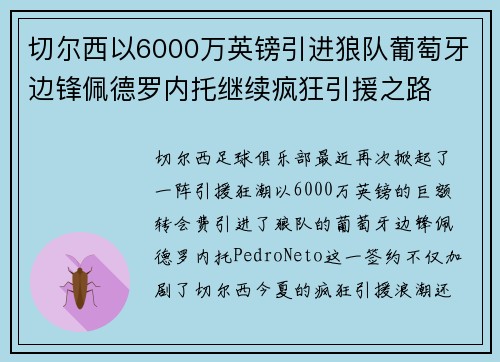 切尔西以6000万英镑引进狼队葡萄牙边锋佩德罗内托继续疯狂引援之路 切尔西以6000万英镑引进狼队葡萄牙边锋佩德罗内托继续疯狂引援之路