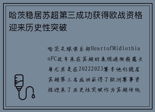 哈茨稳居苏超第三成功获得欧战资格迎来历史性突破 哈茨稳居苏超第三成功获得欧战资格迎来历史性突破
